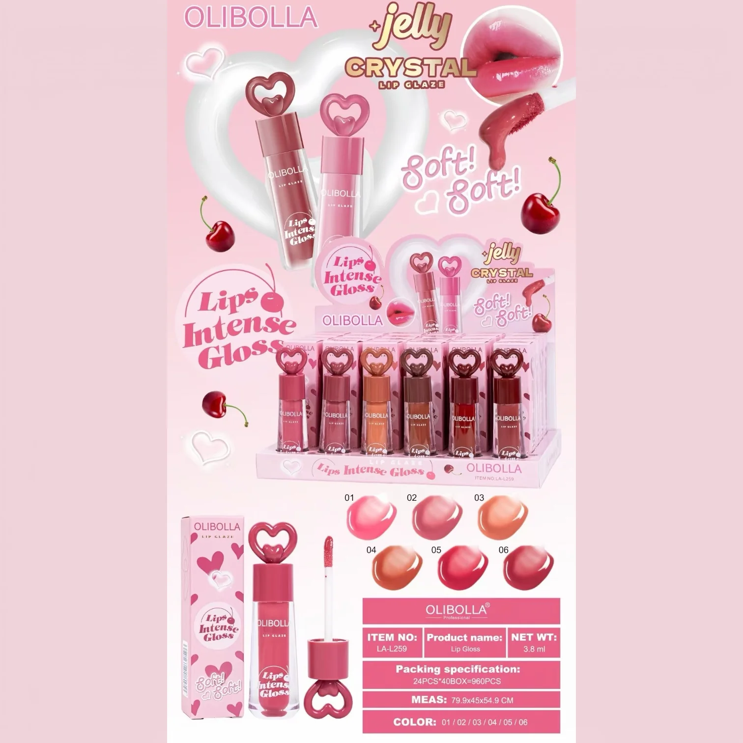 24PCS DISPLAY OLIBOLLA JELLY CRYSTAL LIP GLAZE LA-L259