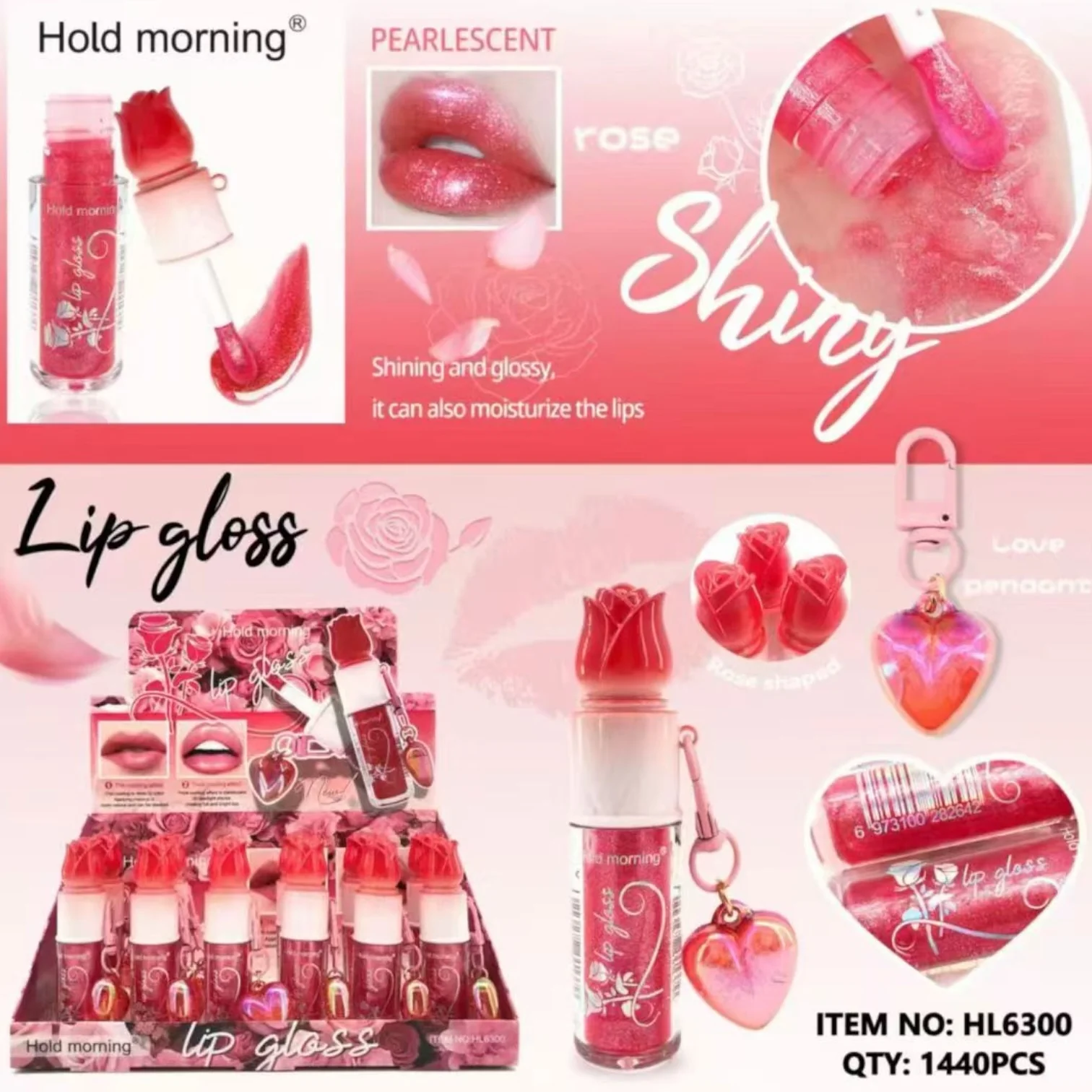 24PCS DISPLAY ROSE LIPGLOSS + CHARM HL6300